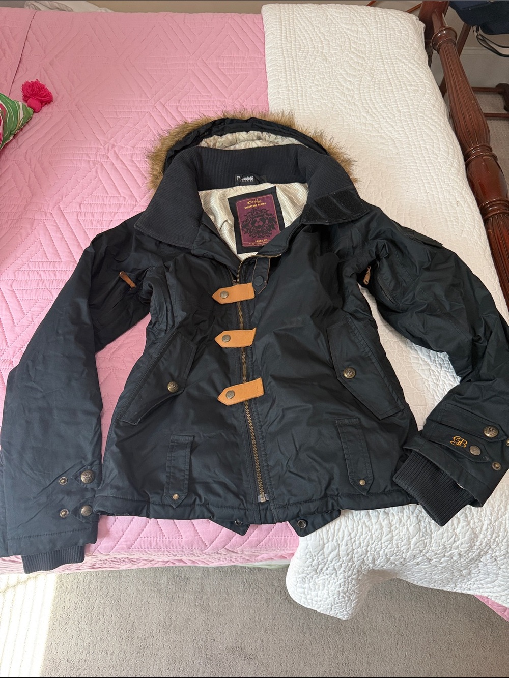 Oakley Black Hooded Puffer Coat with Faux Fur Trim